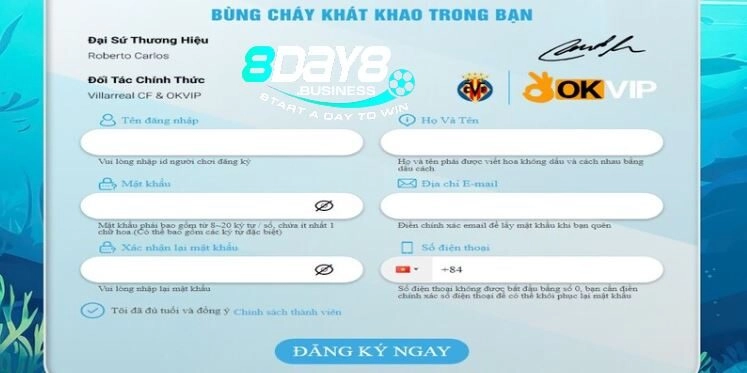 Form đăng ký chơi bắn cá 2D tại 8Day